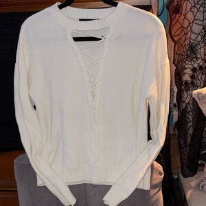 DO+BE Cream V-Neck Sweater with Lace-Up Design